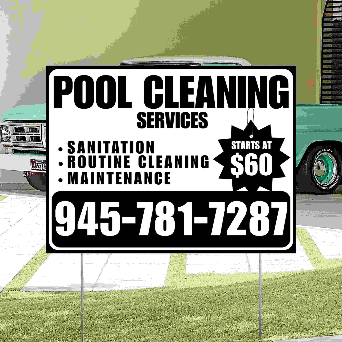 Pool Cleaners - Sanitation Routine Cleaning Maintenance with Price Tag - White Black Design YardSigns.com