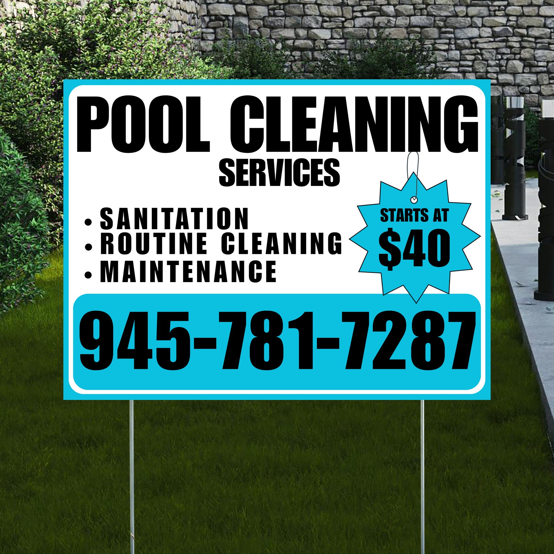 Pool Cleaners - Sanitation Routine Cleaning Maintenance with Price Tag - Aqua Blue White Design - YardSigns.com