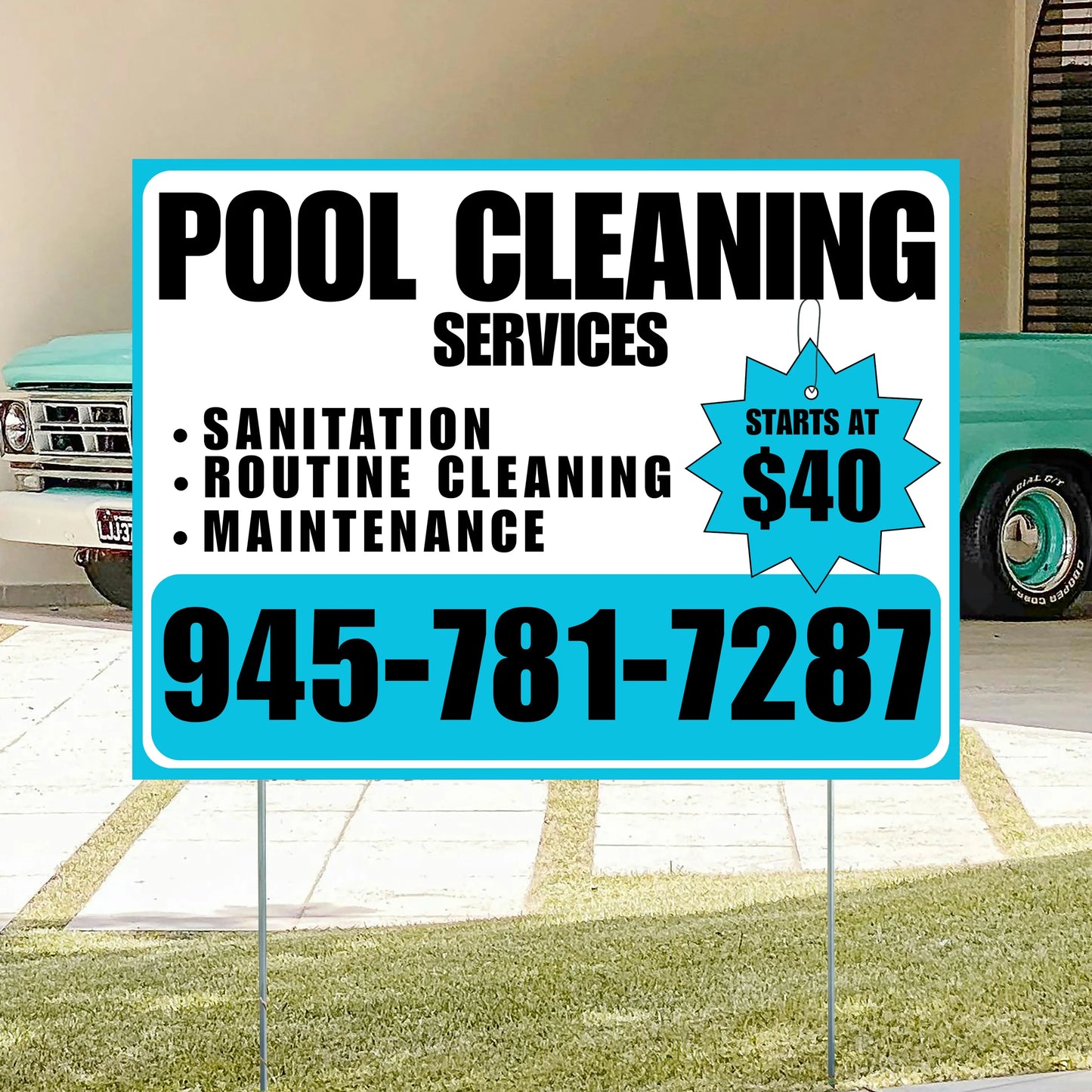 Pool Cleaners - Sanitation Routine Cleaning Maintenance with Price Tag - White Aqua Blue Design YardSigns.com
