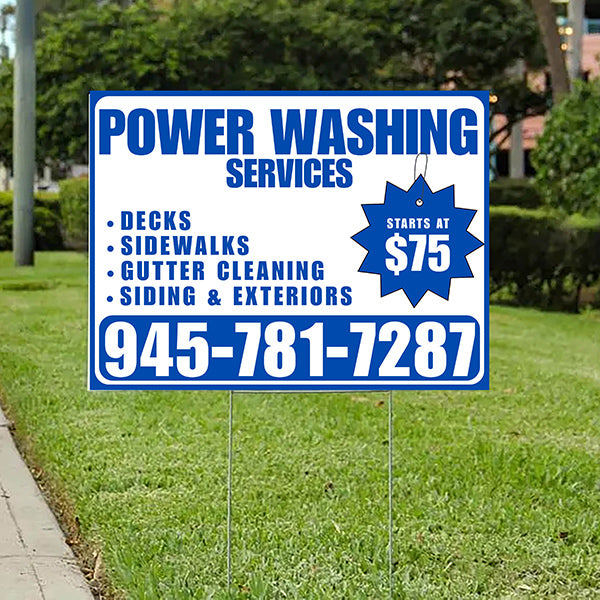 Power Washing - Decks, Sidewalks, Siding, Gutter Cleaning and Exteriors with Price Tag - Plain Blue White Design - YardSigns.com