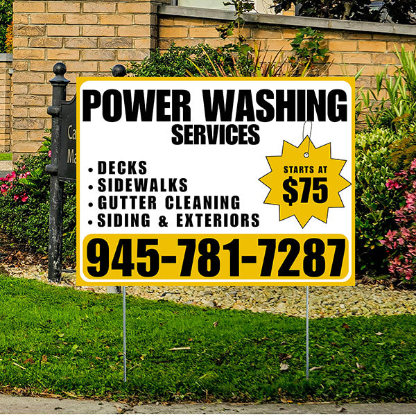 Power Washing - Decks, Sidewalks, Siding, Gutter Cleaning and Exteriors with Price Tag - Plain Mustard Gold White Design - YardSigns.com