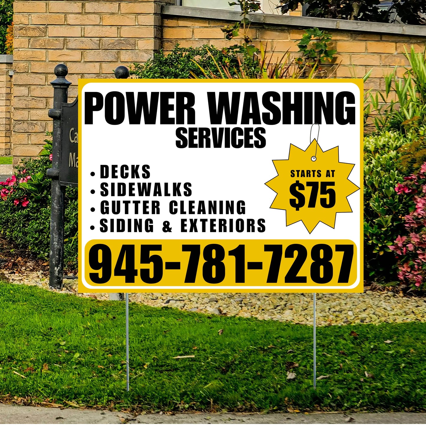Power Washing - Decks, Sidewalks, Siding, Gutter Cleaning and Exteriors with Price Tag - Plain Mustard Gold White Design YardSigns.com