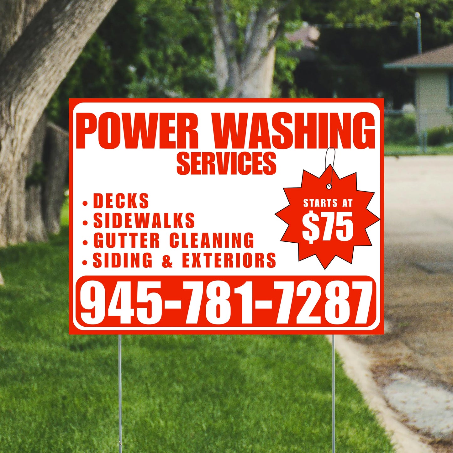 Power Washing - Decks, Sidewalks, Siding, Gutter Cleaning and Exteriors with Price Tag - Plain Chili Red White Design YardSigns.com