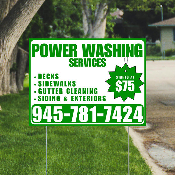 Power Washing - Decks, Sidewalks, Siding, Gutter Cleaning and Exteriors with Price Tag - Plain Green White Design - YardSigns.com