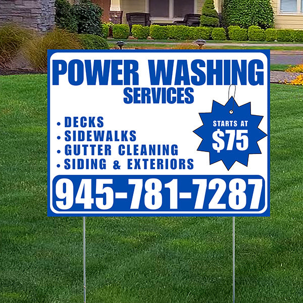 Power Washing - Decks, Sidewalks, Siding, Gutter Cleaning and Exteriors with Price Tag - Plain Blue White Design - YardSigns.com