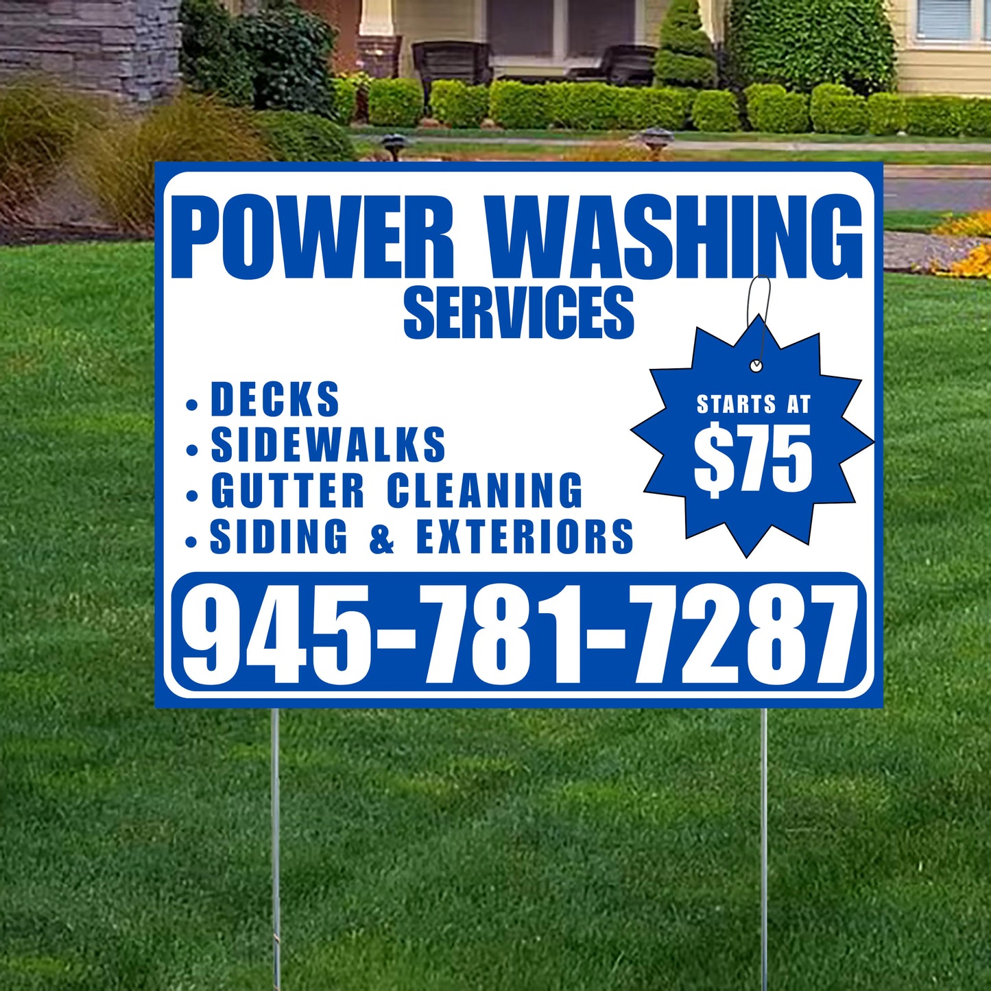 Power Washing - Decks, Sidewalks, Siding, Gutter Cleaning and Exteriors with Price Tag - Plain White Blue Design YardSigns.com