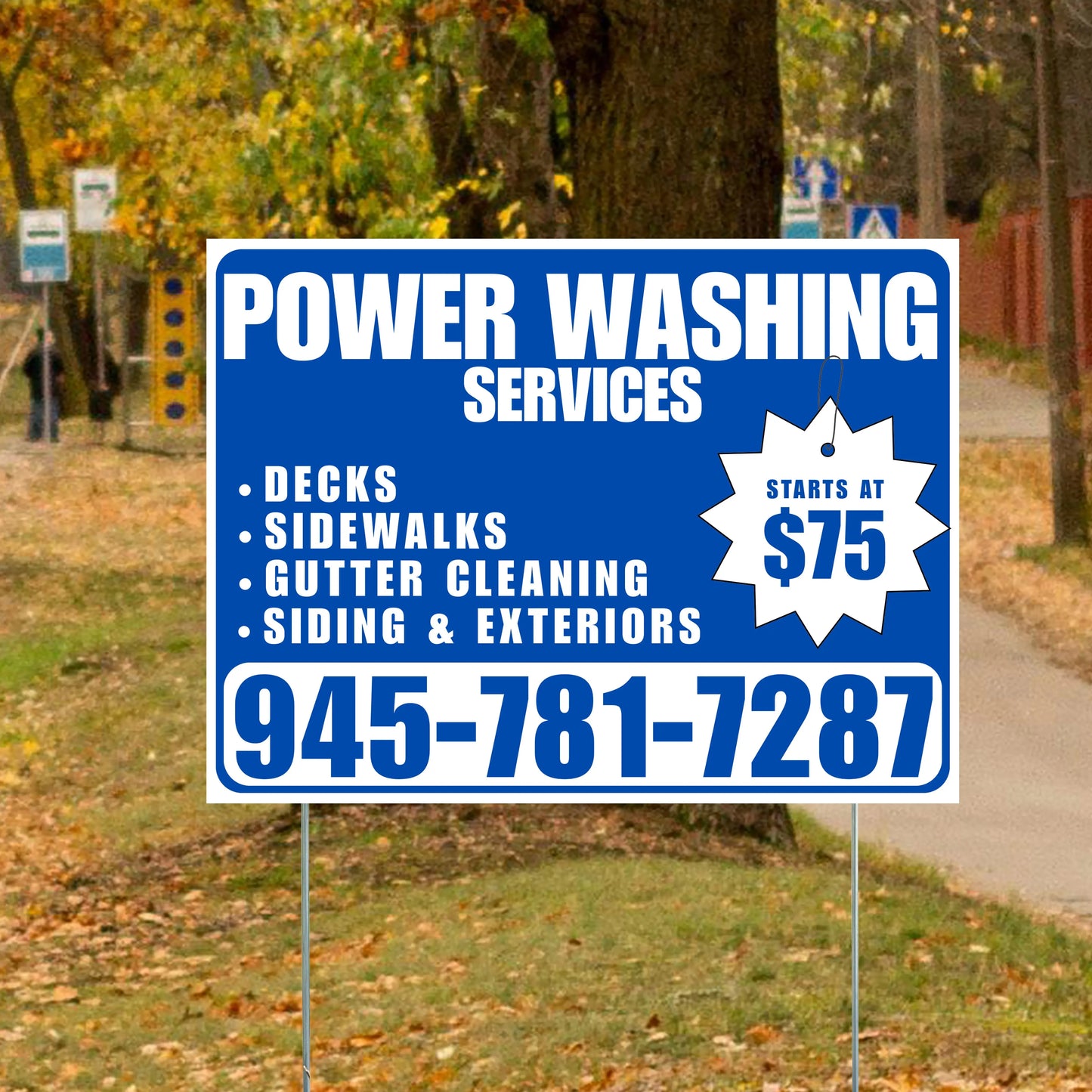 Power Washing - Decks, Sidewalks, Siding, Gutter Cleaning and Exteriors with Price Tag - Plain Blue White Design YardSigns.com