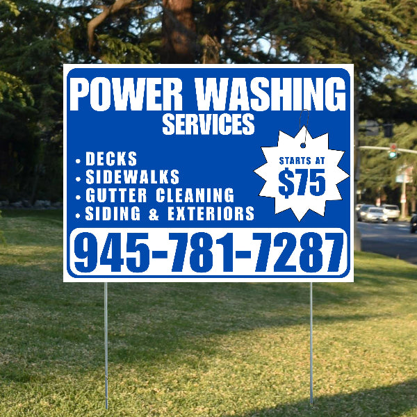 Power Washing - Decks, Sidewalks, Siding, Gutter Cleaning and Exteriors with Price Tag - Plain White Blue Design - YardSigns.com