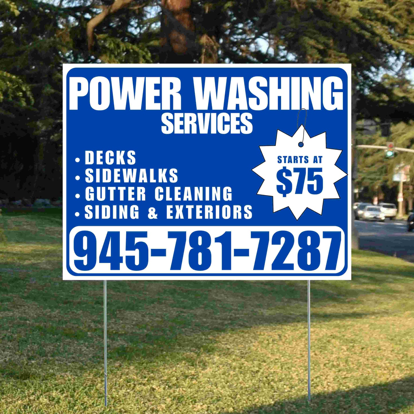 Power Washing - Decks, Sidewalks, Siding, Gutter Cleaning and Exteriors with Price Tag - Plain Blue White Design YardSigns.com