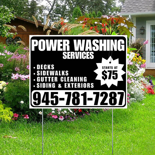 Power Washing - Decks, Sidewalks, Siding, Gutter Cleaning and Exteriors with Price Tag - Plain White Black Design - YardSigns.com