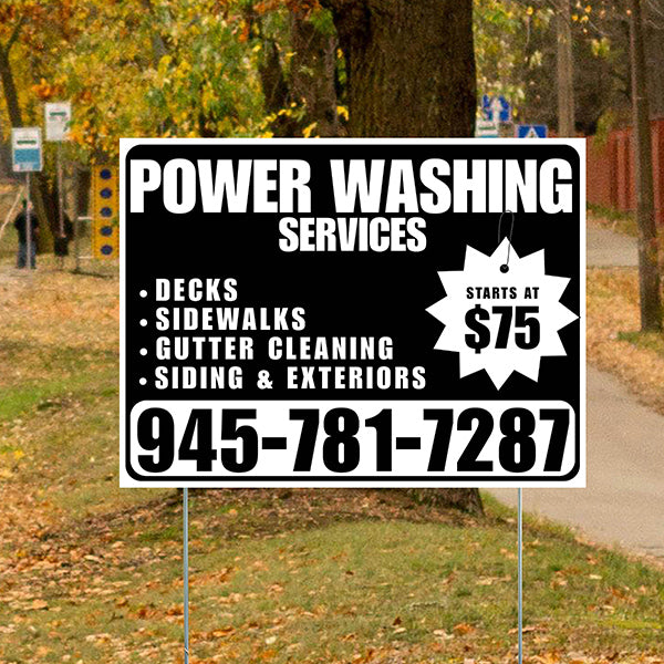 Power Washing - Decks, Sidewalks, Siding, Gutter Cleaning and Exteriors with Price Tag - Plain White Black Design - YardSigns.com