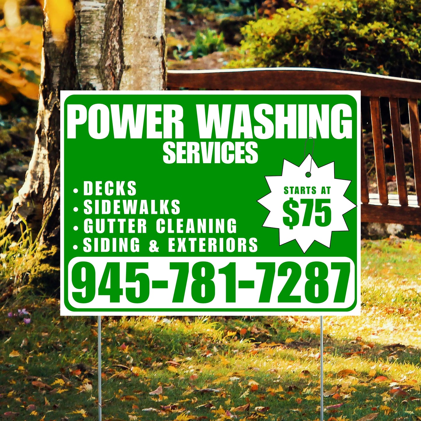 Power Washing - Decks, Sidewalks, Siding, Gutter Cleaning and Exteriors with Price Tag - Plain Green White Design YardSigns.com