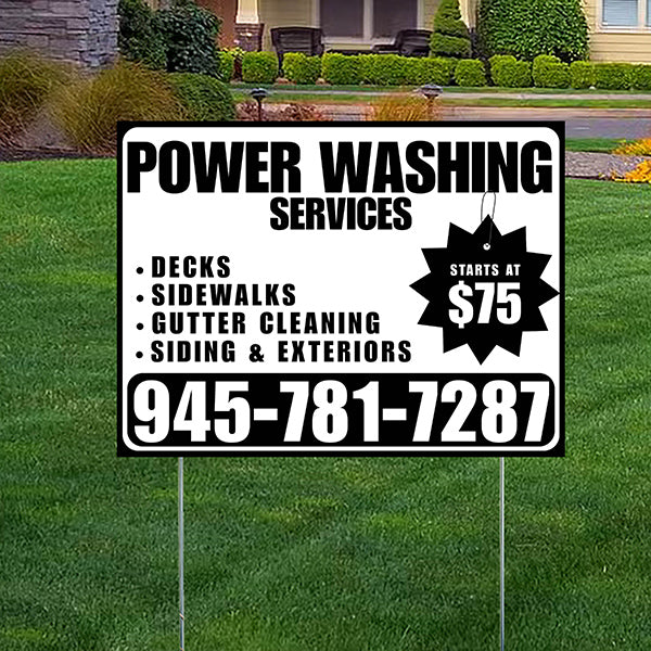 Power Washing - Decks, Sidewalks, Siding, Gutter Cleaning and Exteriors with Price Tag - Plain Black White Design - YardSigns.com