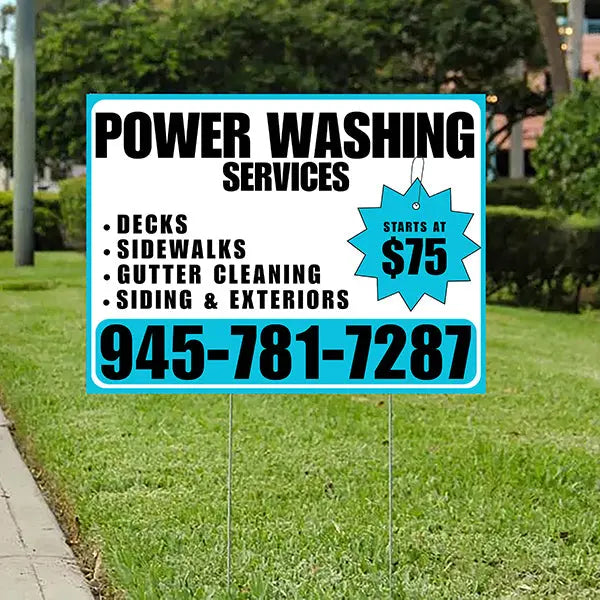 Power Washing - Decks, Sidewalks, Siding, Gutter Cleaning and Exteriors with Price Tag - Plain White Aqua Blue Design YardSigns.com