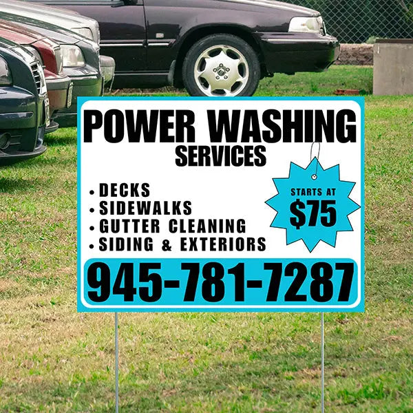 Power Washing - Decks, Sidewalks, Siding, Gutter Cleaning and Exteriors with Price Tag - Plain White Aqua Blue Design YardSigns.com