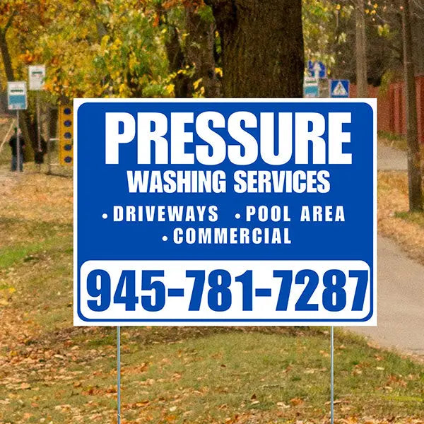 Pressure Washing - Driveways, Pool Area, Commercial - Plain White Blue Design YardSigns.com