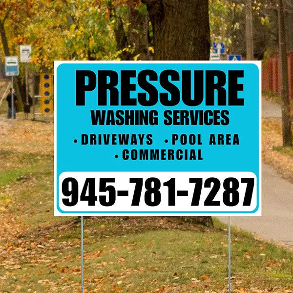 Pressure Washing - Driveways, Pool Area, Commercial - Plain White Aqua Blue Design YardSigns.com