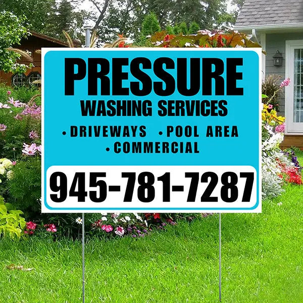 Pressure Washing - Driveways, Pool Area, Commercial - Plain White Aqua Blue Design YardSigns.com