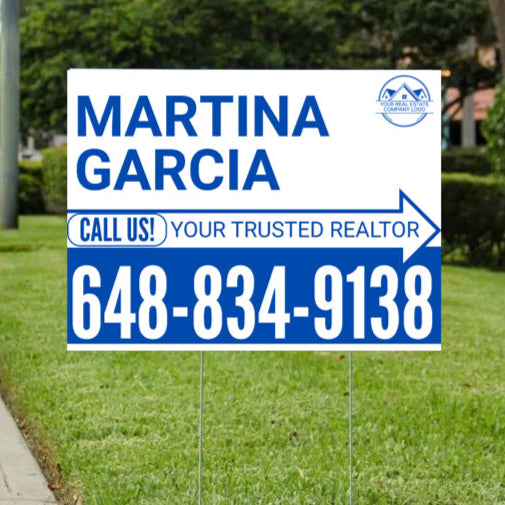 Realtor Yard Signs - Simple White Blue Right Arrow with Logo Design - YardSigns.com