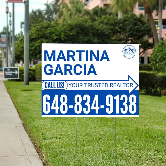 Realtor Yard Signs - Simple White Blue Right Arrow with Logo Design YardSigns.com