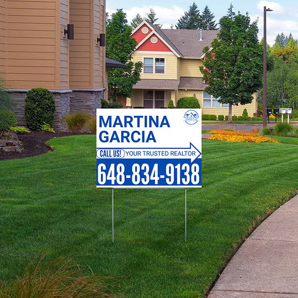 Realtor Yard Signs - Simple White Blue Right Arrow with Logo Design - YardSigns.com