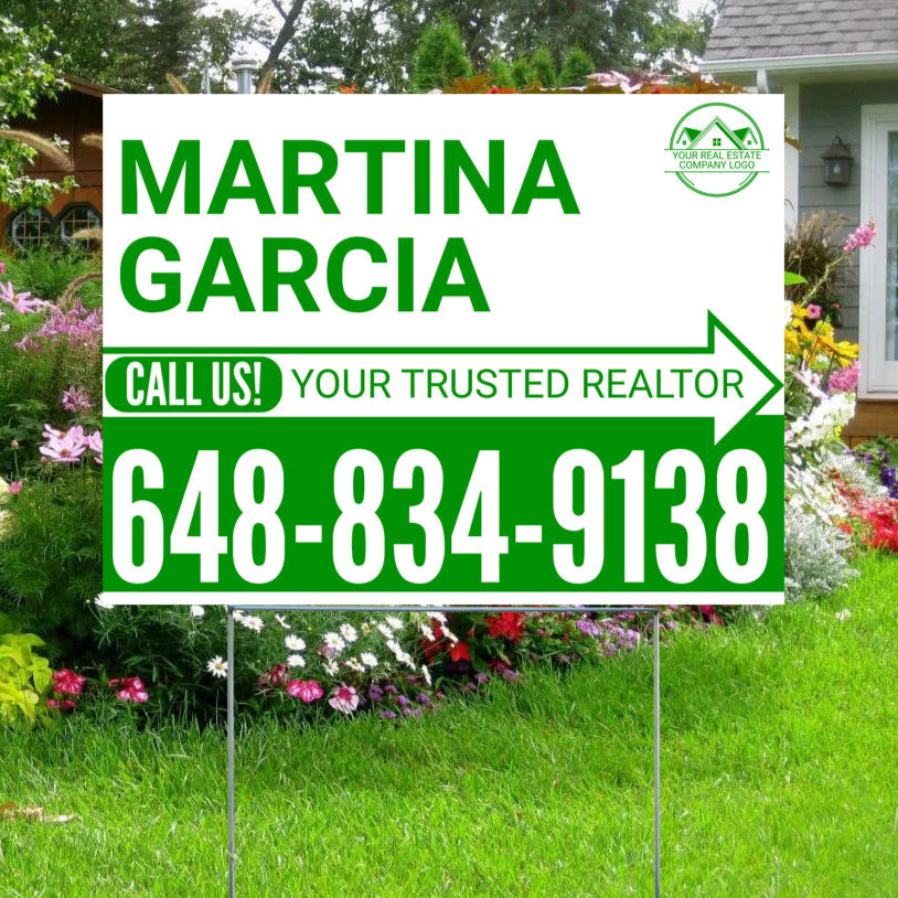 Realtor Yard Signs - Simple White Green Right Arrow with Logo Design - YardSigns.com