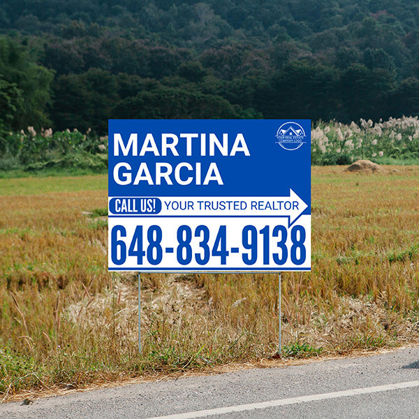 Realtor Yard Signs - Simple Blue White Right Arrow with Logo Design - YardSigns.com