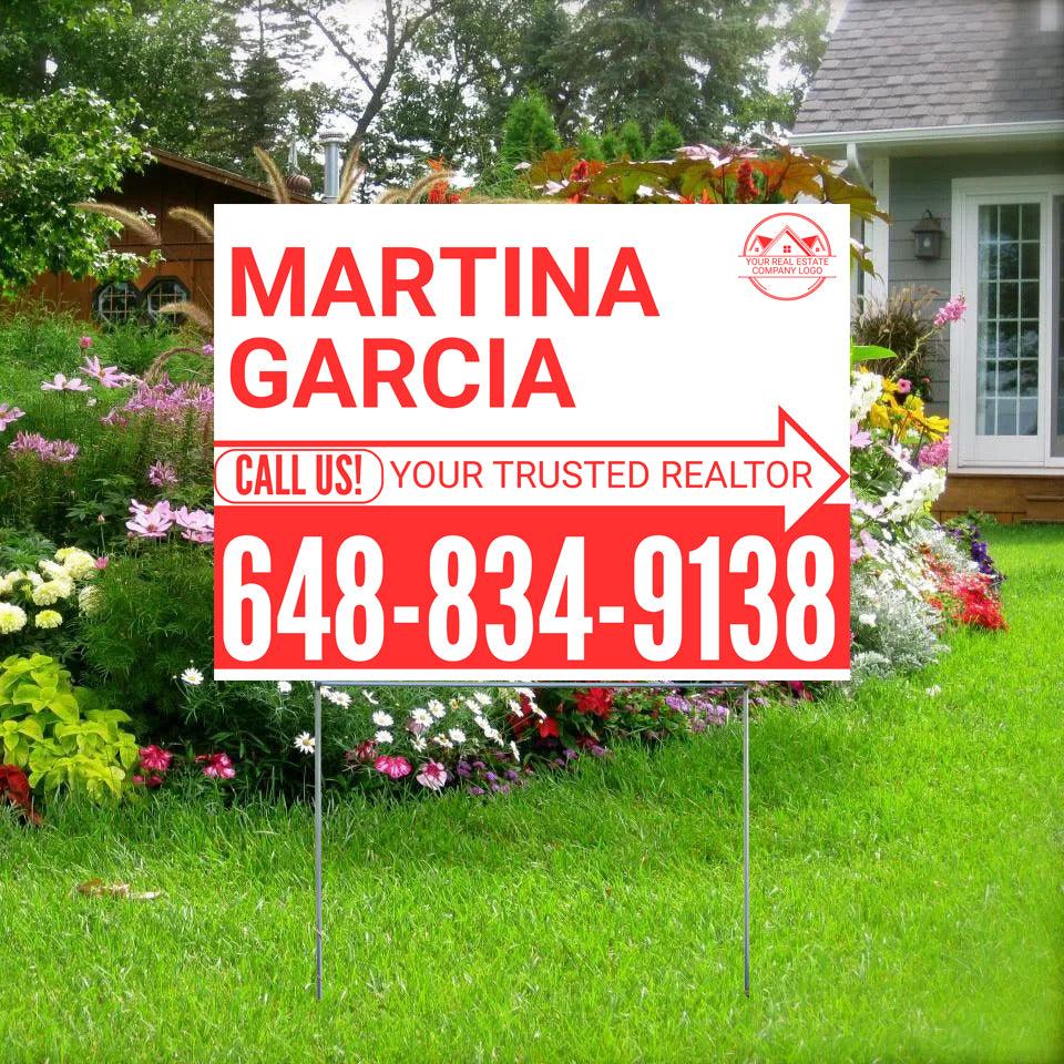 Realtor Yard Signs - Simple White Red Right Arrow with Logo Design - YardSigns.com