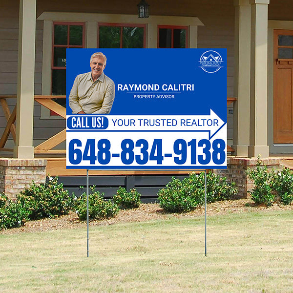 Realtor Yard Signs - Simple Blue White Right Arrow with Image and Logo Design - YardSigns.com