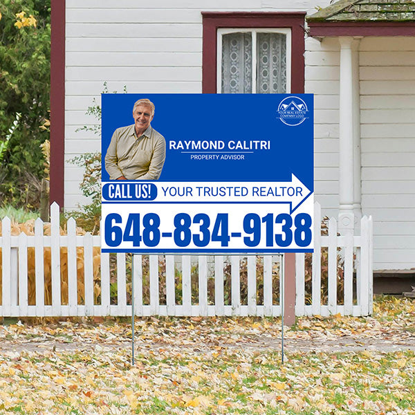 Realtor Yard Signs - Simple Blue White Right Arrow with Image and Logo Design - YardSigns.com