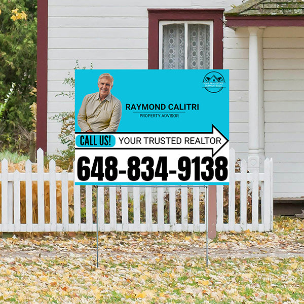 Realtor Yard Signs - Simple Aqua Blue White Right Arrow with Image and Logo Design - YardSigns.com