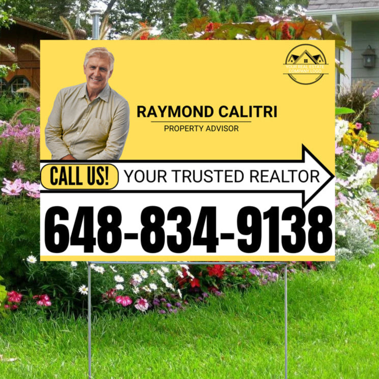 Realtor Yard Signs - Simple Mustard Yellow White Right Arrow with Image and Logo Design - YardSigns.com