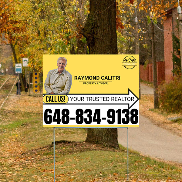 Realtor Yard Signs - Simple Mustard Yellow White Right Arrow with Image and Logo Design - YardSigns.com