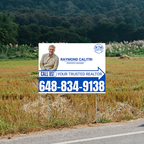 Realtor Yard Signs - Simple White Blue Right Arrow with Image and Logo Design - YardSigns.com
