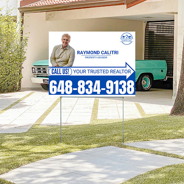 Realtor Yard Signs - Simple White Blue Right Arrow with Image and Logo Design - YardSigns.com