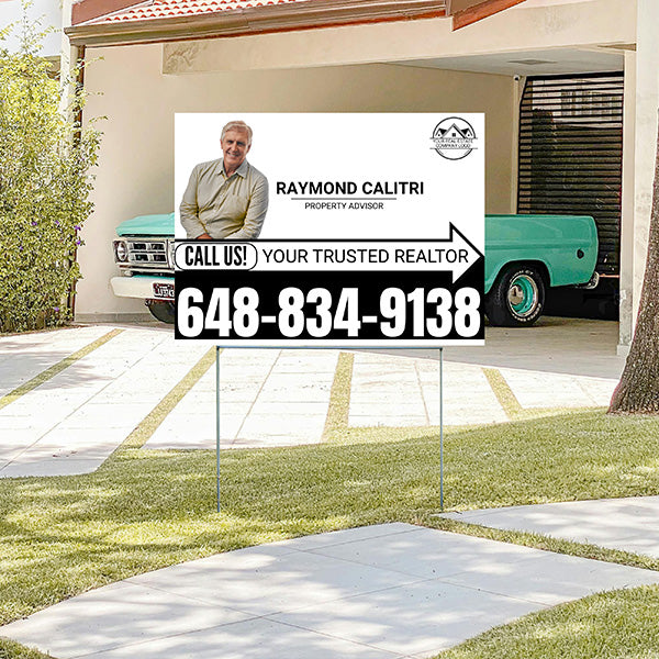Realtor Yard Signs - Simple White Black Right Arrow with Image and Logo Design - YardSigns.com