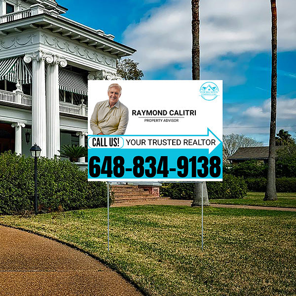 Realtor Yard Signs - Simple White Aqua Blue Right Arrow with Image and Logo Design - YardSigns.com
