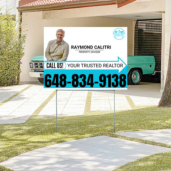 Realtor Yard Signs - Simple White Aqua Blue Right Arrow with Image and Logo Design - YardSigns.com