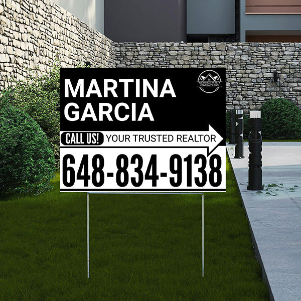 Realtor Yard Signs - Simple Black White Right Arrow with Logo Design - YardSigns.com
