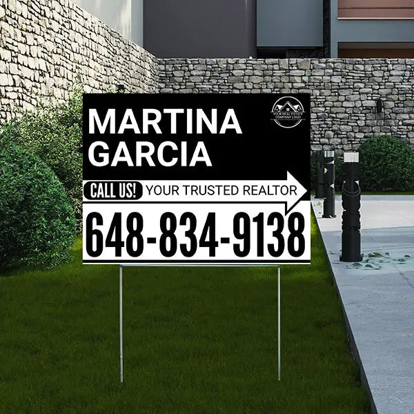 Realtor Yard Signs - Simple Black White Right Arrow with Logo Design YardSigns.com
