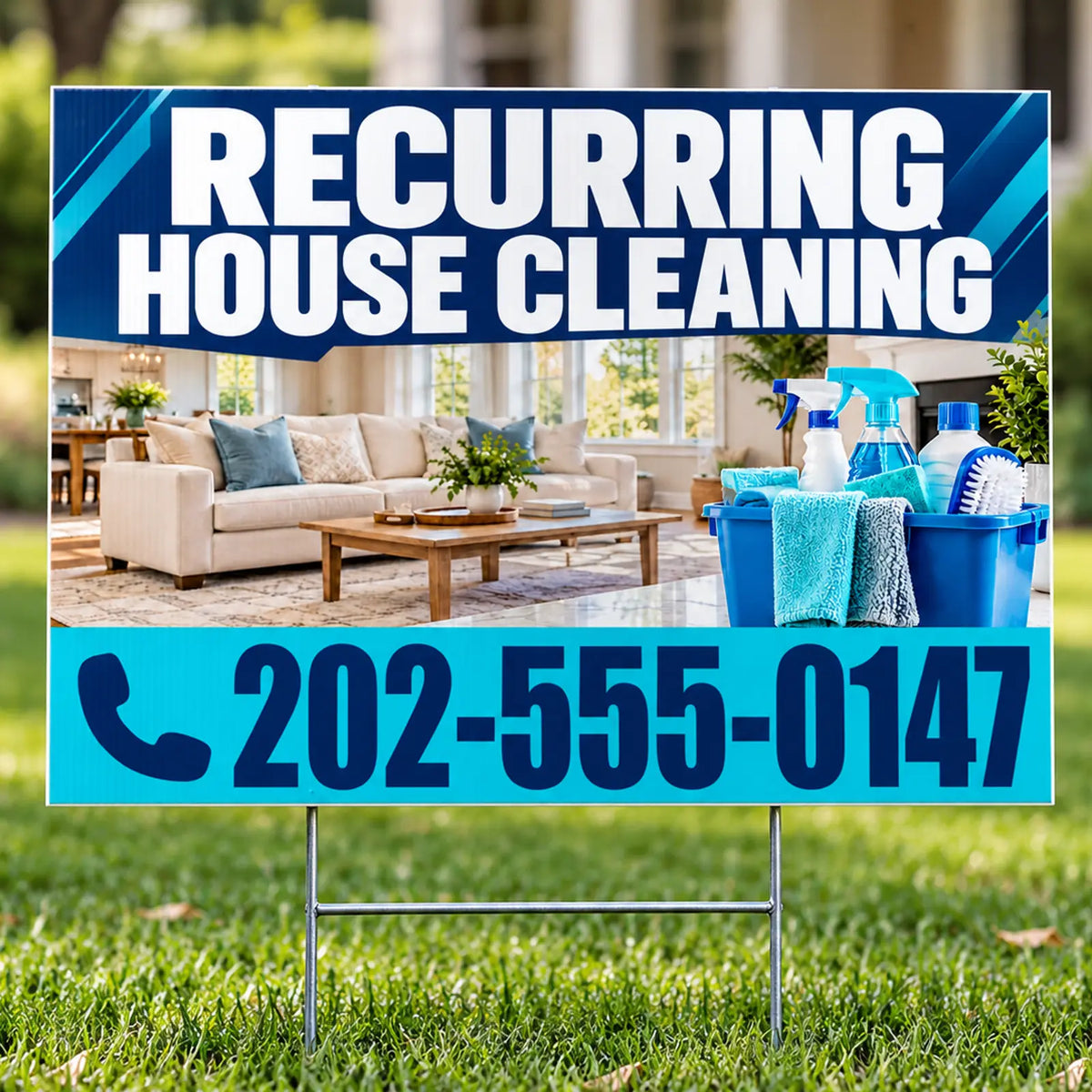 A yard sign on a metal stand in a grassy lawn advertising 'RECURRING HOUSE CLEANING' with a phone number and an image of cleaning supplies and a living room.