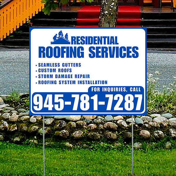 Roofers Signs - Seamless Gutters, Custom Roofs, Storm Damage Repair, Roofing System Installation - Plain Blue White Design - YardSigns.com