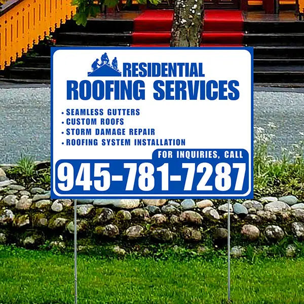 Roofers Signs - Seamless Gutters, Custom Roofs, Storm Damage Repair, Roofing System Installation - Plain White Blue Design YardSigns.com