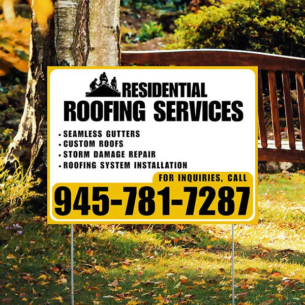 Roofers Signs - Seamless Gutters, Custom Roofs, Storm Damage Repair, Roofing System Installation - Plain White Mustard Gold Design YardSigns.com