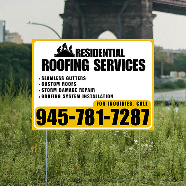 Roofers Signs - Seamless Gutters, Custom Roofs, Storm Damage Repair, Roofing System Installation - Plain Mustard Gold White Design - YardSigns.com