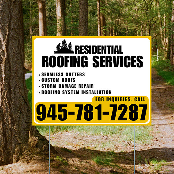 Roofers Signs - Seamless Gutters, Custom Roofs, Storm Damage Repair, Roofing System Installation - Plain Mustard Gold White Design - YardSigns.com