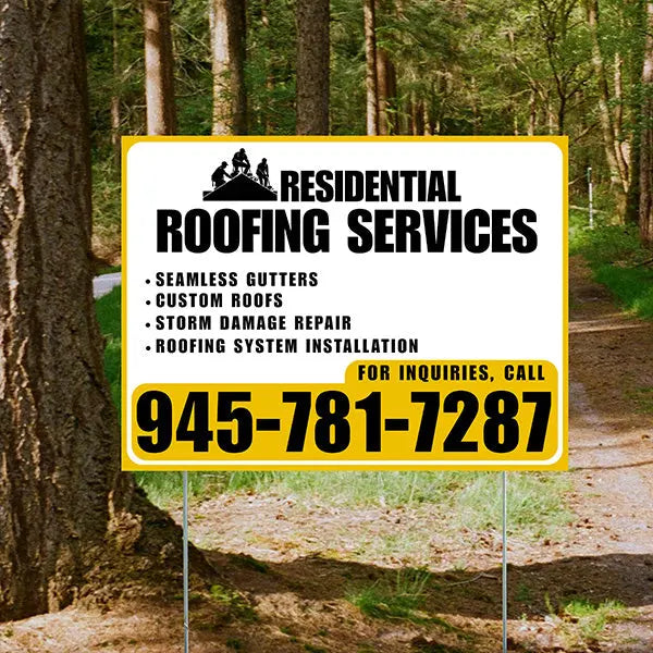 Roofers Signs - Seamless Gutters, Custom Roofs, Storm Damage Repair, Roofing System Installation - Plain White Mustard Gold Design YardSigns.com