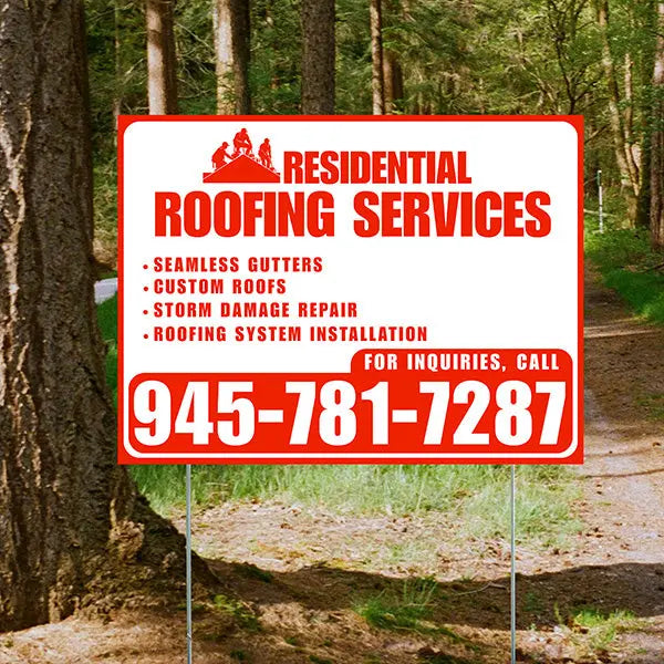 Residential roofing services sign in a forested area