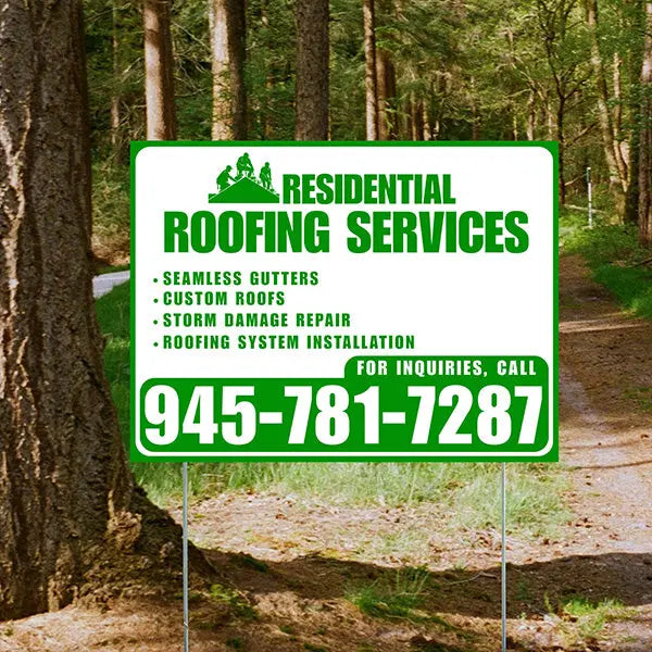 Roofers Signs - Seamless Gutters, Custom Roofs, Storm Damage Repair, Roofing System Installation - Plain White Green Design YardSigns.com