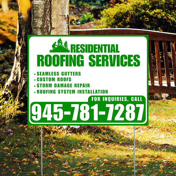 Roofers Signs - Seamless Gutters, Custom Roofs, Storm Damage Repair, Roofing System Installation - Plain Green White Design - YardSigns.com